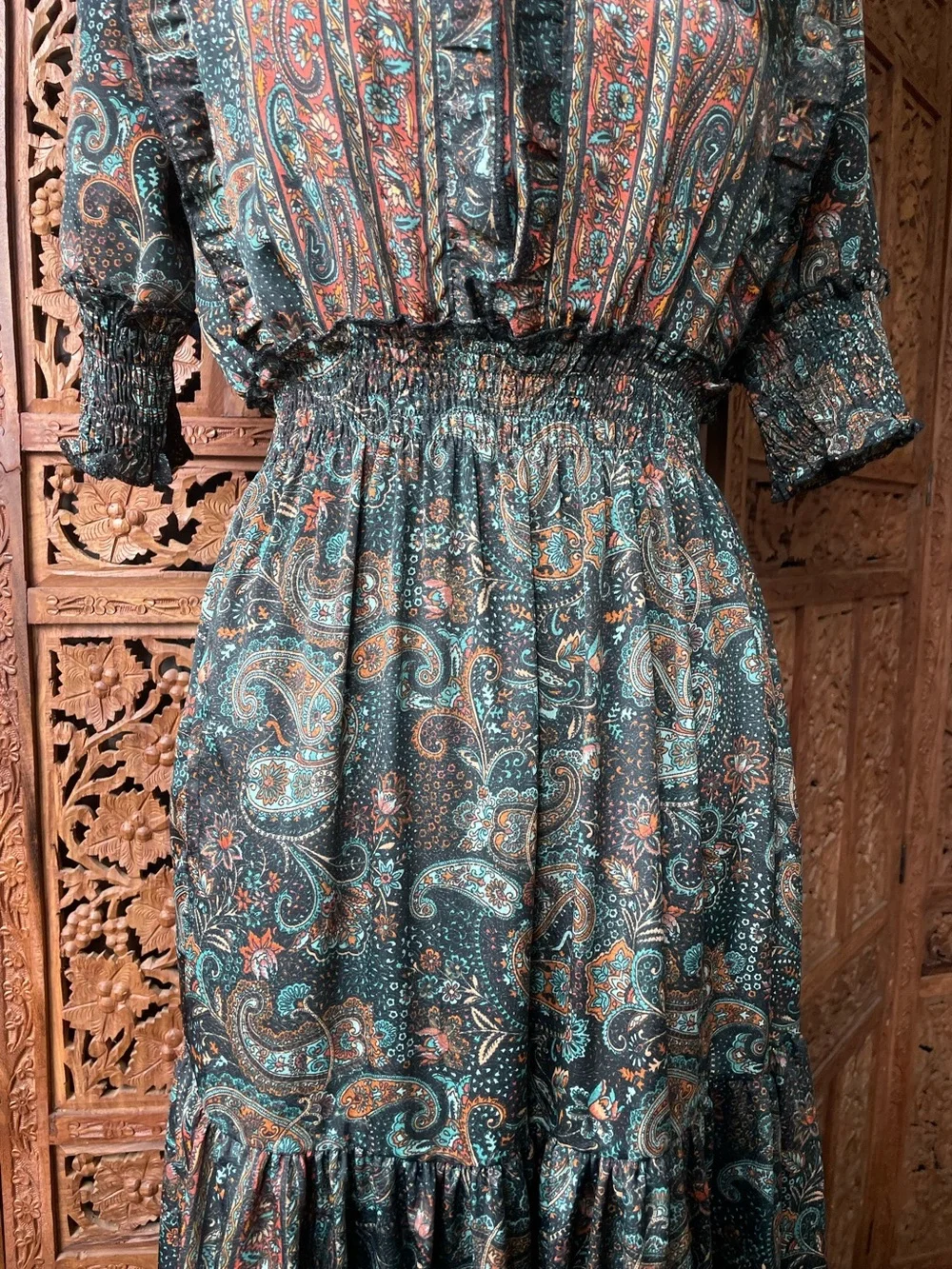 Vintage Boho Festival Western Paisley Tiered Ruffle Maxi Dress - Picture 10 of 16